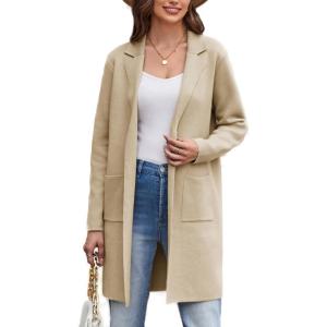 imageGRACE KARIN Womens 2024 Fashion Open Front Long Cardigan Sweaters Long Sleeve Lapel knit Sweater Jacket with PocketsLight Apricot