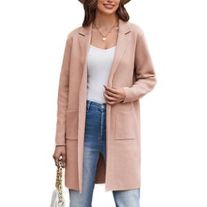 imageGRACE KARIN Womens 2024 Fashion Open Front Long Cardigan Sweaters Long Sleeve Lapel knit Sweater Jacket with PocketsLight Pink