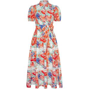 imageGRACE KARIN Womens 2025 Summer Floral Flowy Dresses Boho Tie Belt Short Puff Sleeve A Line Maxi Shirt Dress with PocketGreen Red