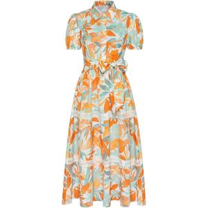 imageGRACE KARIN Womens 2025 Summer Floral Flowy Dresses Boho Tie Belt Short Puff Sleeve A Line Maxi Shirt Dress with PocketWhite Yellow
