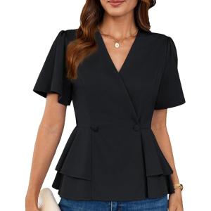 imageGRACE KARIN Womens Business Casual Outfits Business Casual Peplum Tops Short Sleeve V Neck Wrap Blouses Summer ShirtsBlack