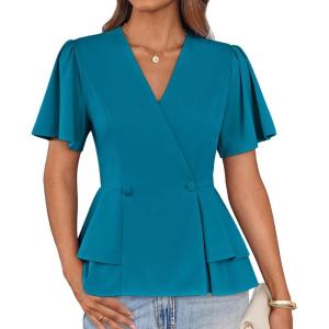 imageGRACE KARIN Womens Business Casual Outfits Business Casual Peplum Tops Short Sleeve V Neck Wrap Blouses Summer ShirtsBlue Green