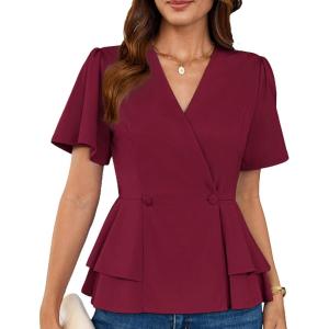 imageGRACE KARIN Womens Business Casual Outfits Business Casual Peplum Tops Short Sleeve V Neck Wrap Blouses Summer ShirtsDark Red
