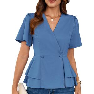 imageGRACE KARIN Womens Business Casual Outfits Business Casual Peplum Tops Short Sleeve V Neck Wrap Blouses Summer ShirtsLight Blue