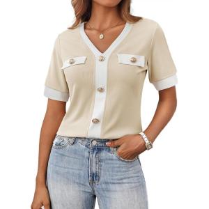 imageGRACE KARIN Womens Short Sleeve V Neck Summer Tops Ribbed Knit Slim Fitted Work Shirts Color Block Button Casual BlousesApricot