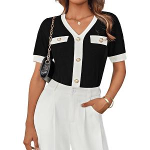 imageGRACE KARIN Womens Short Sleeve V Neck Summer Tops Ribbed Knit Slim Fitted Work Shirts Color Block Button Casual BlousesBlack