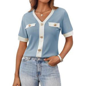 imageGRACE KARIN Womens Short Sleeve V Neck Summer Tops Ribbed Knit Slim Fitted Work Shirts Color Block Button Casual BlousesLight Blue