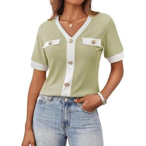 imageGRACE KARIN Womens Short Sleeve V Neck Summer Tops Ribbed Knit Slim Fitted Work Shirts Color Block Button Casual BlousesLight Green