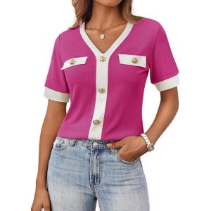 imageGRACE KARIN Womens Short Sleeve V Neck Summer Tops Ribbed Knit Slim Fitted Work Shirts Color Block Button Casual BlousesRose Pink