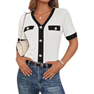 imageGRACE KARIN Womens Short Sleeve V Neck Summer Tops Ribbed Knit Slim Fitted Work Shirts Color Block Button Casual BlousesWhite