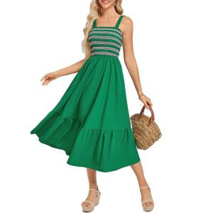 imageGRACE KARIN Womens Summer Casual Maxi Dress Sleeveless Spaghetti Strap Striped Aline Flowy Beach Sun Dresses with PocketsGreen