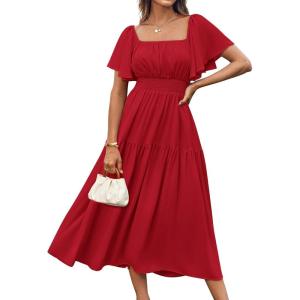 imageGRACE KARIN Womens Summer Short Sleeve Square Neck Smocked Waist Casual Vacation Tiered Flowy Maxi DressRed