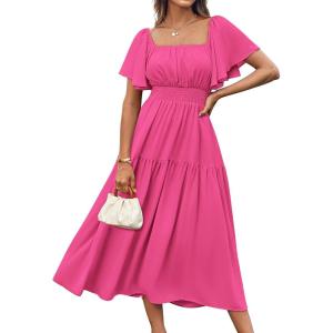 imageGRACE KARIN Womens Summer Short Sleeve Square Neck Smocked Waist Casual Vacation Tiered Flowy Maxi DressRose