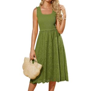 imageGRACE KARIN 2025 Womens Dress Summer Sleeveless Casual Vacation Embroidered Midi Dress with PocketsMatcha Green