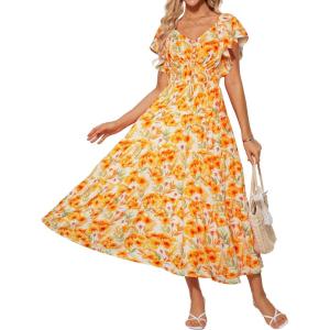 imageGRACE KARIN Womens Elegant Floral Summer VNeck Ruffle Sleeve Empire Waist ALine Casual Maxi Tiered Dress with PocketsYellow Green