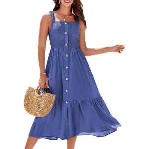 imageGRACE KARIN Womens Summer 2025 Midi Dress Spaghetti Strap Smocked Button Casual A Line Long Beach Flowy Sun Dresses PocketsRoyal Blue