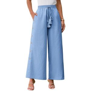 imageGRACE KARIN Womens Summer Wide Leg Pants High Waisted Palazzo Pants Caual Flowy Beach Trousers with PocketsBlue