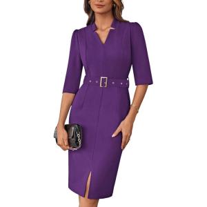 imageGRACE KARIN Womens Work Dress 34 Sleeve V Neck Bodycon Sheath Dress Zipper Up Office Business Dresses with BeltPurple