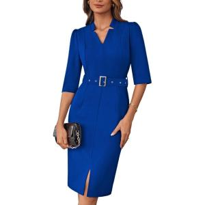 imageGRACE KARIN Womens Work Dress 34 Sleeve V Neck Bodycon Sheath Dress Zipper Up Office Business Dresses with BeltRoyal Blue
