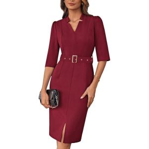 imageGRACE KARIN Womens Work Dress 34 Sleeve V Neck Bodycon Sheath Dress Zipper Up Office Business Dresses with BeltWine Red