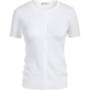 imageWomens Short Sleeve Cardigan Crewneck Basic Casual Button Down Knit Soft SweaterBright White