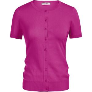 imageWomens Short Sleeve Cardigan Crewneck Basic Casual Button Down Knit Soft SweaterHot Pink