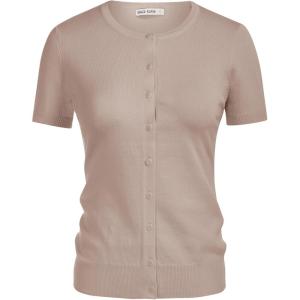 imageWomens Short Sleeve Cardigan Crewneck Basic Casual Button Down Knit Soft SweaterKhaki