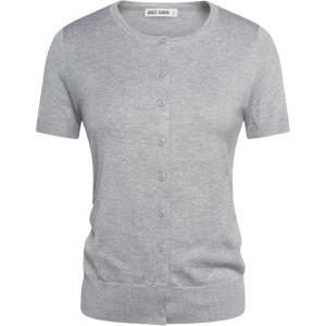 imageWomens Short Sleeve Cardigan Crewneck Basic Casual Button Down Knit Soft SweaterLight Gray