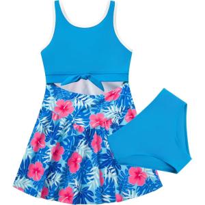 imageGRACE KARIN Girls One Piece Swimsuit Cutout High Waisted Tie Knot 2 Piece Bathing Suit with Bikini Kids SwimwearBluefloral