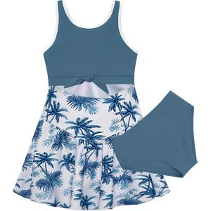 imageGRACE KARIN Girls One Piece Swimsuit Cutout High Waisted Tie Knot 2 Piece Bathing Suit with Bikini Kids SwimwearHaze Bluecoconut Tree