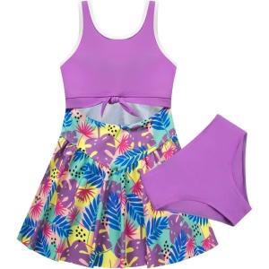 imageGRACE KARIN Girls One Piece Swimsuit Cutout High Waisted Tie Knot 2 Piece Bathing Suit with Bikini Kids SwimwearPurpleleaves