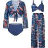 imageGRACE KARIN Teen Girls Bathing Suits Kids 4 Piece Long Sleeve Swimsuit Kimono Up Pants Bikini Tankini Set SwimwearNavyfirework