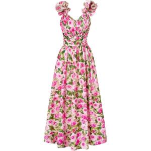 imageGRACE KARIN 2025 Womens Summer Floral Print Dress Sleeveless Casual Flowy Sundress A Line Ruffle Wedding Guest OutfitPink Green