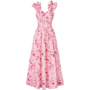 imageGRACE KARIN 2025 Womens Summer Floral Print Dress Sleeveless Casual Flowy Sundress A Line Ruffle Wedding Guest OutfitPink Red