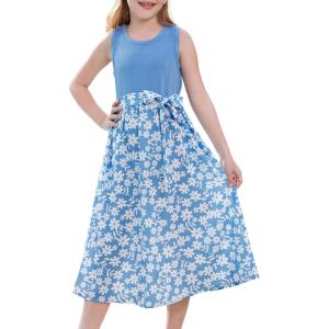 imageGRACE KARIN Girls Summer Dress for Teen Girls Floral Sleeveless Casual Sundress Midi Flowy Dress with Pocket Size 512Blue