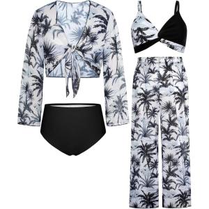 imageGRACE KARIN Teen Girls Bathing Suits Kids 4 Piece Long Sleeve Swimsuit Kimono Up Pants Bikini Tankini Set SwimwearBlackcoconut Tree