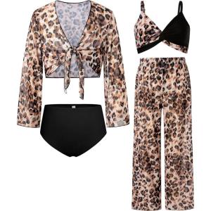 imageGRACE KARIN Teen Girls Bathing Suits Kids 4 Piece Long Sleeve Swimsuit Kimono Up Pants Bikini Tankini Set SwimwearBlackleopard