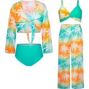 imageGRACE KARIN Teen Girls Bathing Suits Kids 4 Piece Long Sleeve Swimsuit Kimono Up Pants Bikini Tankini Set SwimwearBluecoconut Tree