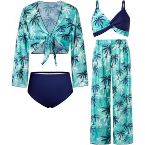 imageGRACE KARIN Teen Girls Bathing Suits Kids 4 Piece Long Sleeve Swimsuit Kimono Up Pants Bikini Tankini Set SwimwearBluecoconut Tree New