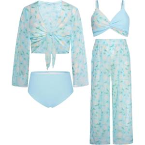 imageGRACE KARIN Teen Girls Bathing Suits Kids 4 Piece Long Sleeve Swimsuit Kimono Up Pants Bikini Tankini Set SwimwearBluedaisy