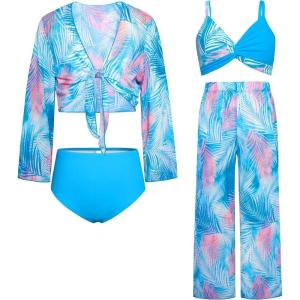 imageGRACE KARIN Teen Girls Bathing Suits Kids 4 Piece Long Sleeve Swimsuit Kimono Up Pants Bikini Tankini Set SwimwearBluefeather