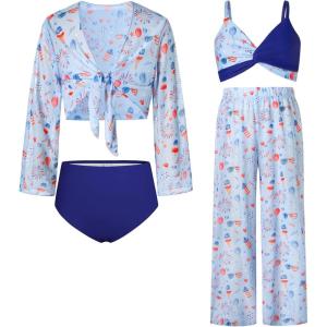 imageGRACE KARIN Teen Girls Bathing Suits Kids 4 Piece Long Sleeve Swimsuit Kimono Up Pants Bikini Tankini Set SwimwearBlueice Cream