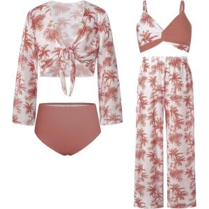 imageGRACE KARIN Teen Girls Bathing Suits Kids 4 Piece Long Sleeve Swimsuit Kimono Up Pants Bikini Tankini Set SwimwearCinnamoncoconut Tree