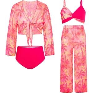 imageGRACE KARIN Teen Girls Bathing Suits Kids 4 Piece Long Sleeve Swimsuit Kimono Up Pants Bikini Tankini Set SwimwearHot Pink