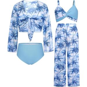 imageGRACE KARIN Teen Girls Bathing Suits Kids 4 Piece Long Sleeve Swimsuit Kimono Up Pants Bikini Tankini Set SwimwearNavycoconut Tree
