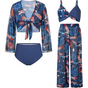 imageGRACE KARIN Teen Girls Bathing Suits Kids 4 Piece Long Sleeve Swimsuit Kimono Up Pants Bikini Tankini Set SwimwearNavyfirework