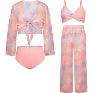 imageGRACE KARIN Teen Girls Bathing Suits Kids 4 Piece Long Sleeve Swimsuit Kimono Up Pants Bikini Tankini Set SwimwearOrangecoconut Tree