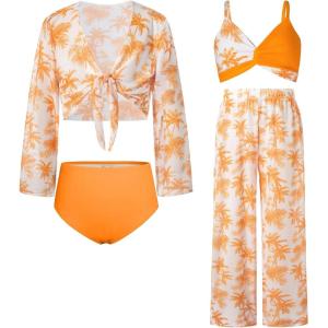 imageGRACE KARIN Teen Girls Bathing Suits Kids 4 Piece Long Sleeve Swimsuit Kimono Up Pants Bikini Tankini Set SwimwearOrangecoconut Tree New