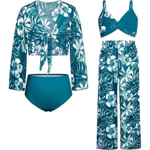 imageGRACE KARIN Teen Girls Bathing Suits Kids 4 Piece Long Sleeve Swimsuit Kimono Up Pants Bikini Tankini Set SwimwearPeacock Blue