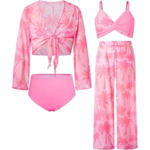 imageGRACE KARIN Teen Girls Bathing Suits Kids 4 Piece Long Sleeve Swimsuit Kimono Up Pants Bikini Tankini Set SwimwearPinkcoconut Tree